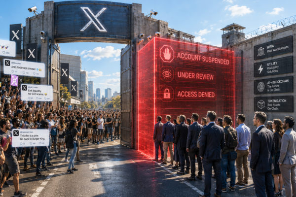 Illustration of a Web3 company facing repeated X account suspensions, highlighting the importance of decentralization and blockchain infrastructure.