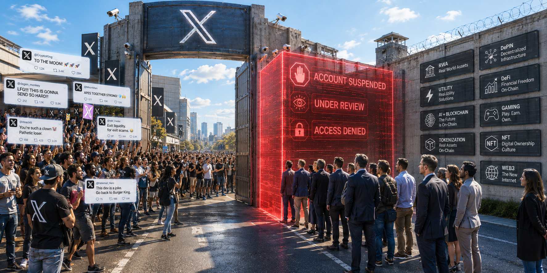 Illustration of a Web3 company facing repeated X account suspensions, highlighting the importance of decentralization and blockchain infrastructure.